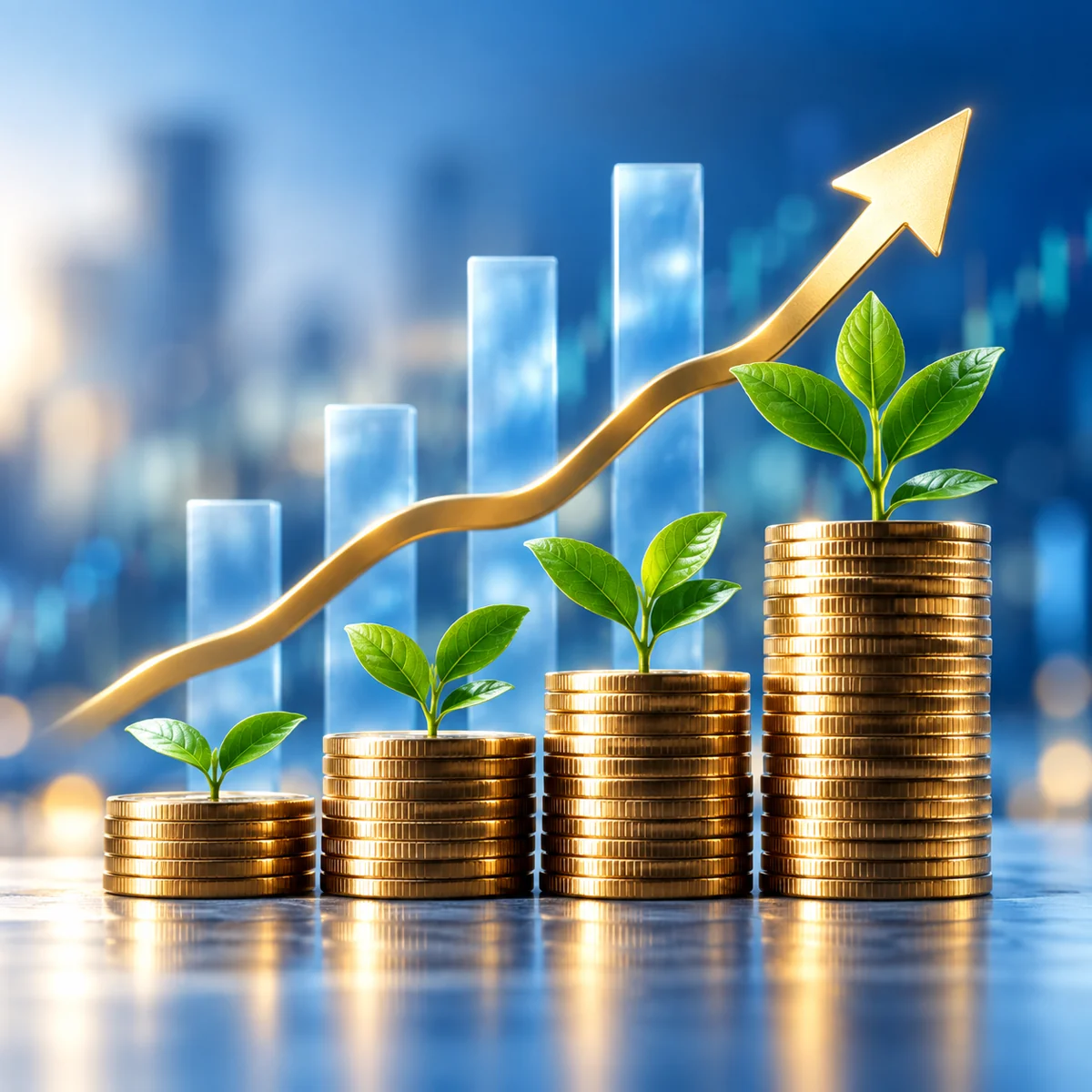 Ascending gold coin stacks with green plants, translucent blue bars and a gold upward arrow