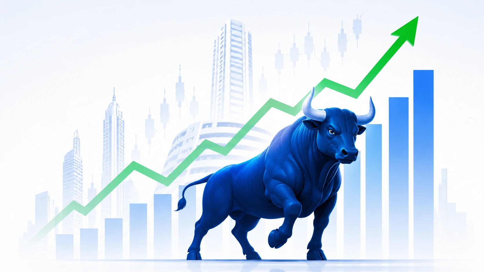 Editorial illustration of a bull and stock chart